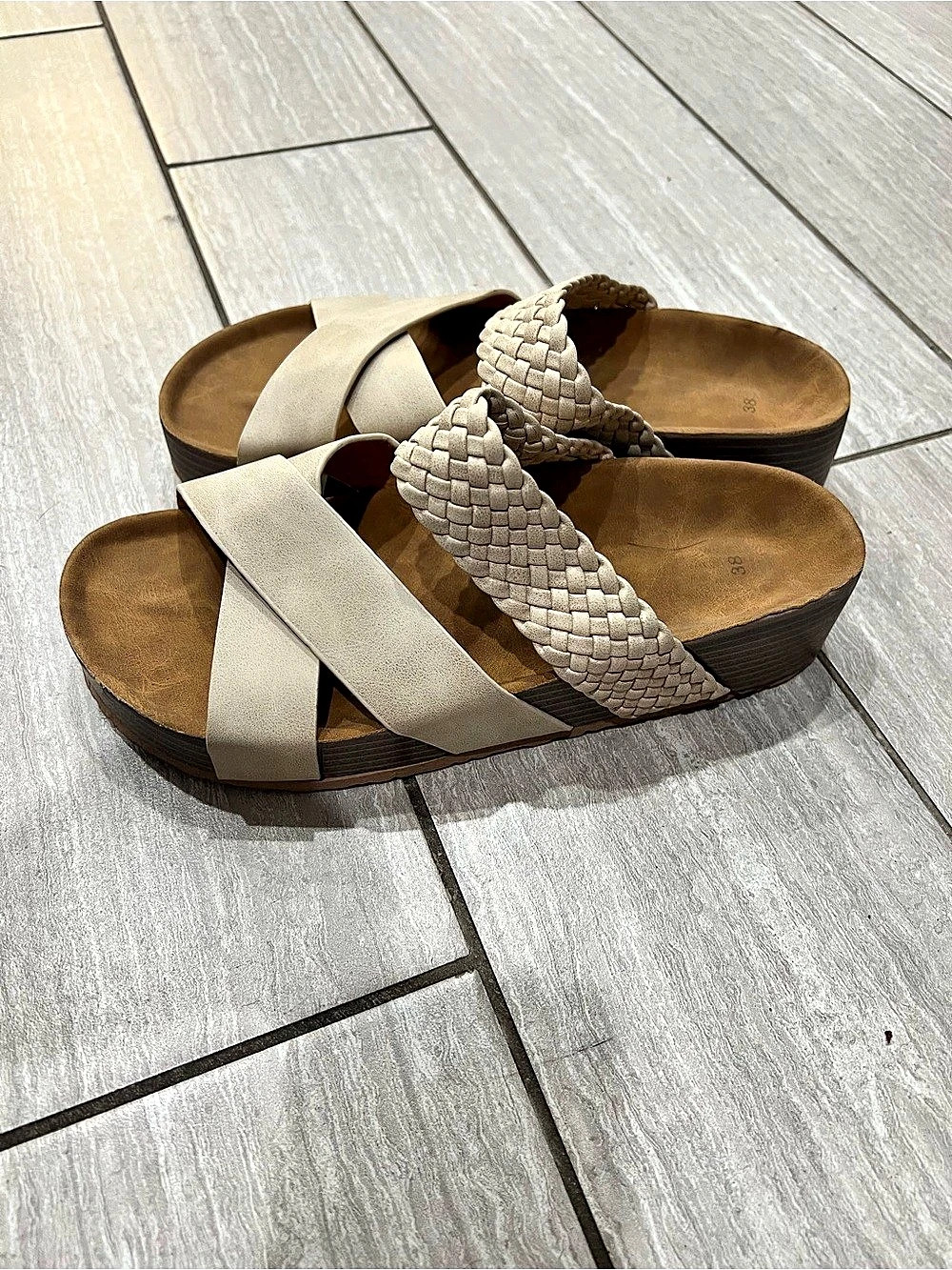 Strappy Slide Sandals in Brown & Beige